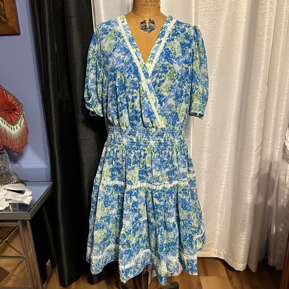 Taylor Blue and White Floral Midi Dress